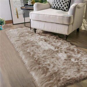 Throw Rug 2x6 Rug Runner LightBrown Beige Faux Fur Rug Washable ShaggyRug Fluffy